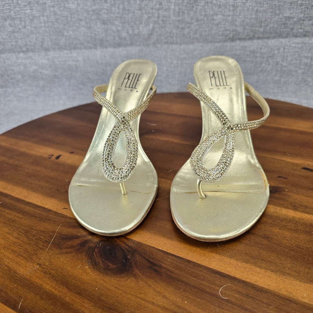 Pelle Moda Womens Gold Rhinestone Stiletto Thong Sandals Glass Stone Heels 6.5M - Picture 13 of 14